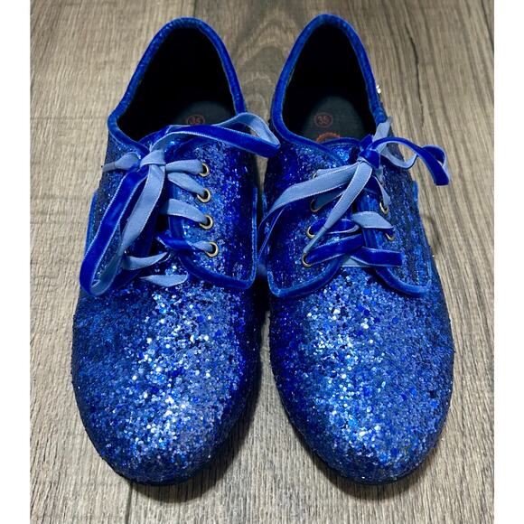Cinderella princess blue glitter lace-up oxford/derby-style shoes. - Picture 1 of 9